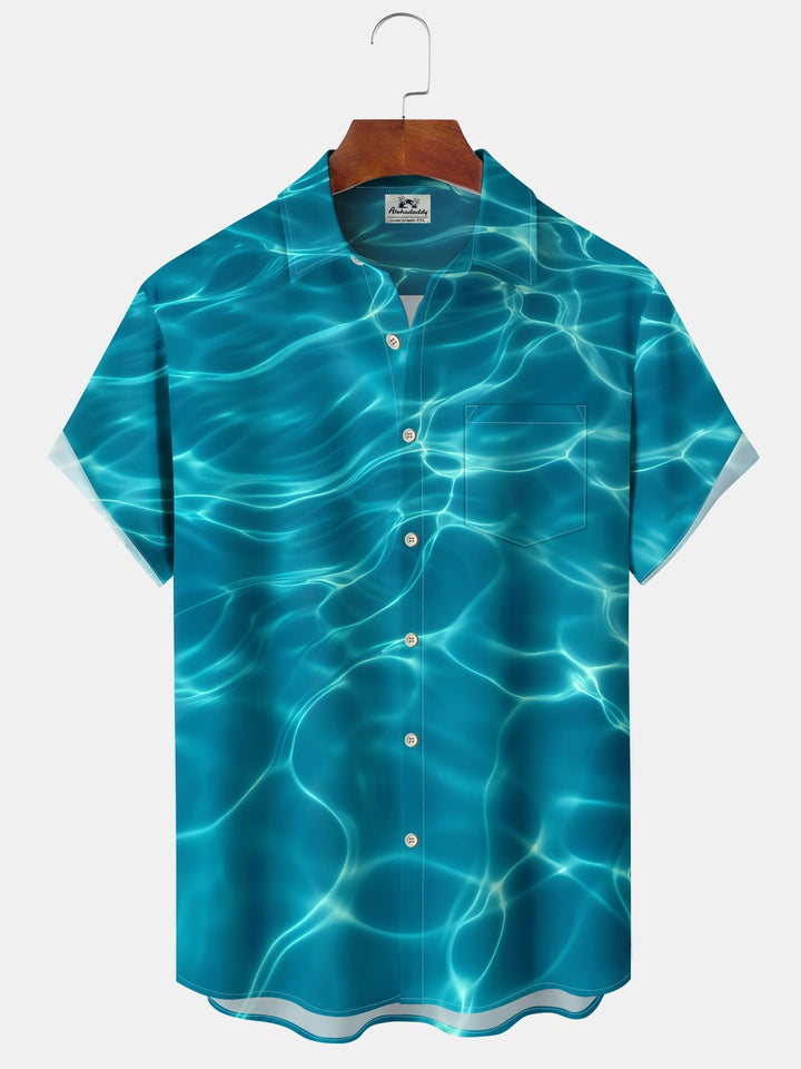 Alohadaddy Hawaiian Sea Water Print Art Pockets Buttons Stretch Large Size Shirt