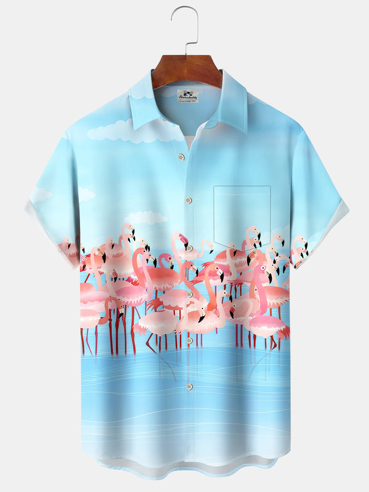 Alohadaddy Casual Hawaiian Flamingo Button Cardigan Pockets Stretch Oversized Short Sleeve Shirt