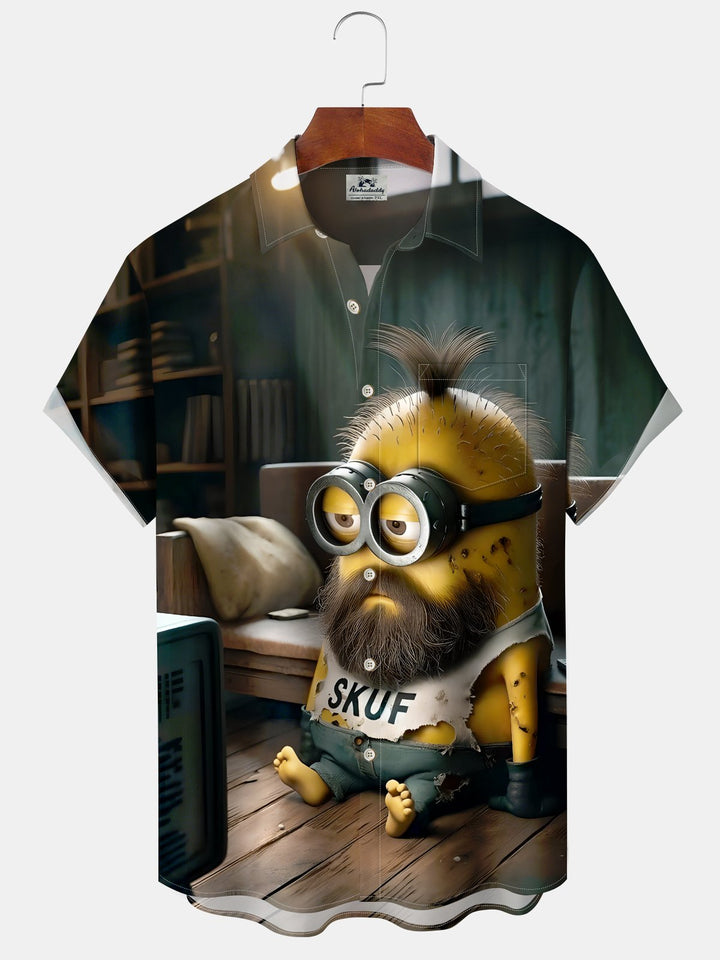 Alohadaddy Hawaiian Casual Minions Print Art Pocket Button Cardigan Stretch Large Size Short Sleeve Shirt