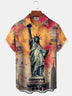 Alohadaddy Retro Casual Statue of Liberty Print Art Buttons Pockets Elastic Large Size Short Sleeve Shirt