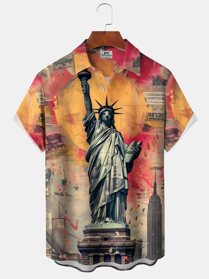 Alohadaddy Retro Casual Statue of Liberty Print Art Buttons Pockets Elastic Large Size Short Sleeve Shirt