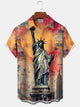 Alohadaddy Retro Casual Statue of Liberty Print Art Buttons Pockets Elastic Large Size Short Sleeve Shirt