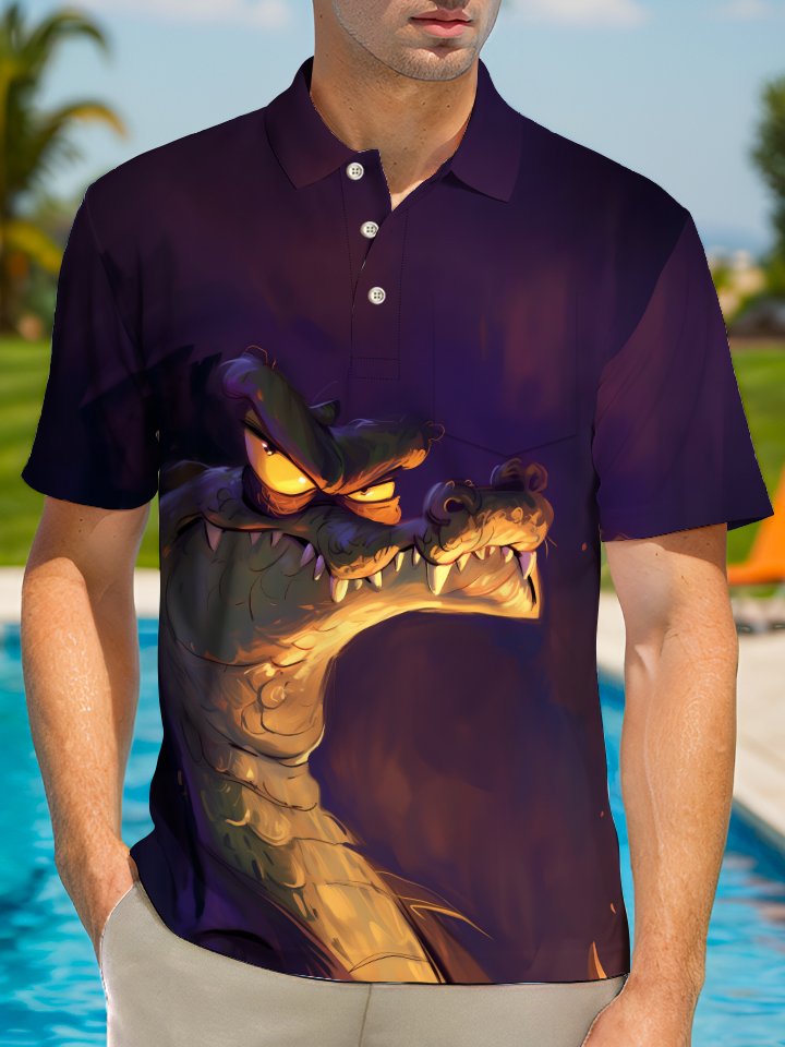 Alohadaddy Casual Crocodile Print Art Buttons Pockets Stretch Large Size Polyester Short Sleeve Polo Shirt