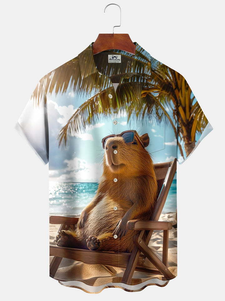 Alohadaddy Hawaiian Casual Palm Trees Animals Painting Art Buttons Cardigan Pockets Large Size Long Polyester Short Sleeve Shirt