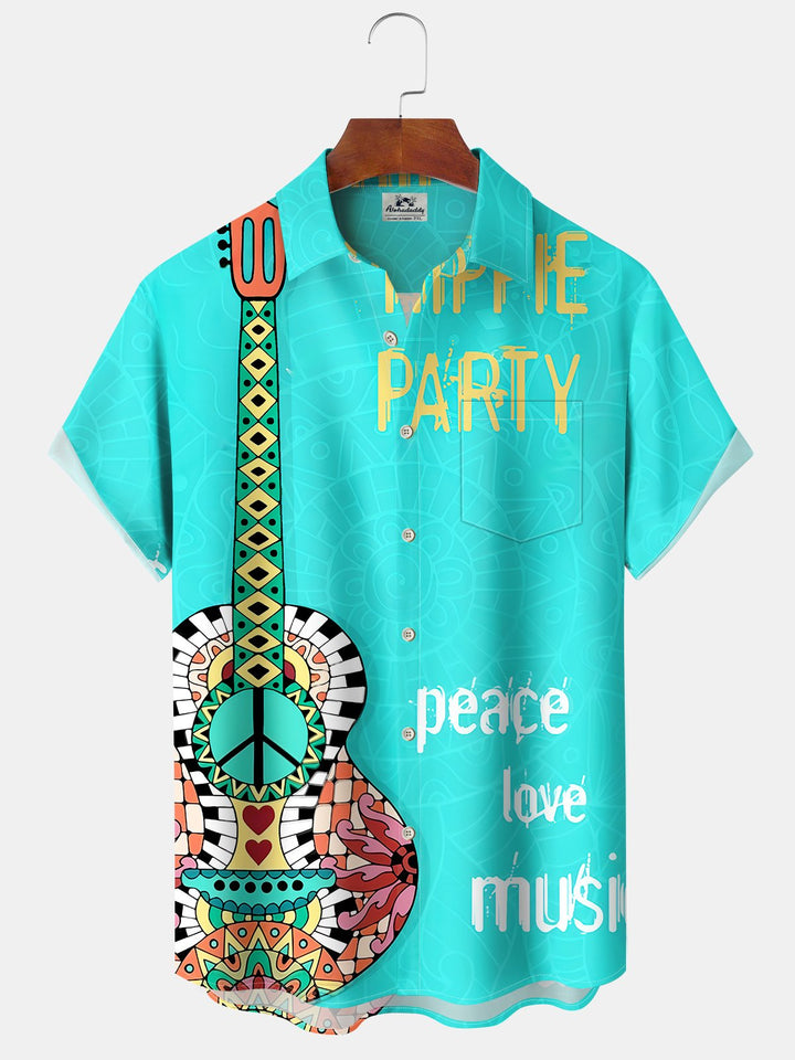 Alohadaddy Casual Collection Music Guitar Party Print Art Button Cardigan Pocket Elastic Oversized Short Sleeve Shirt