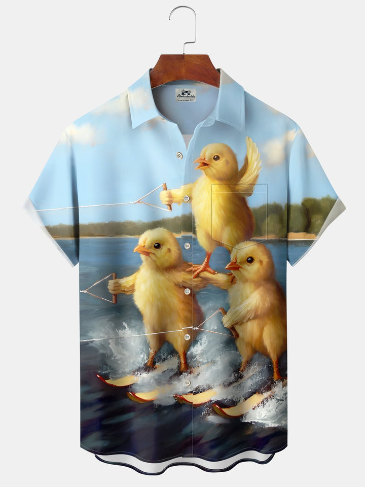 Alohadaddy Hawaiian Little Yellow Chicken Surfing Art Button Cardigan Pocket Elastic Large Size Long Short Sleeve Shirt