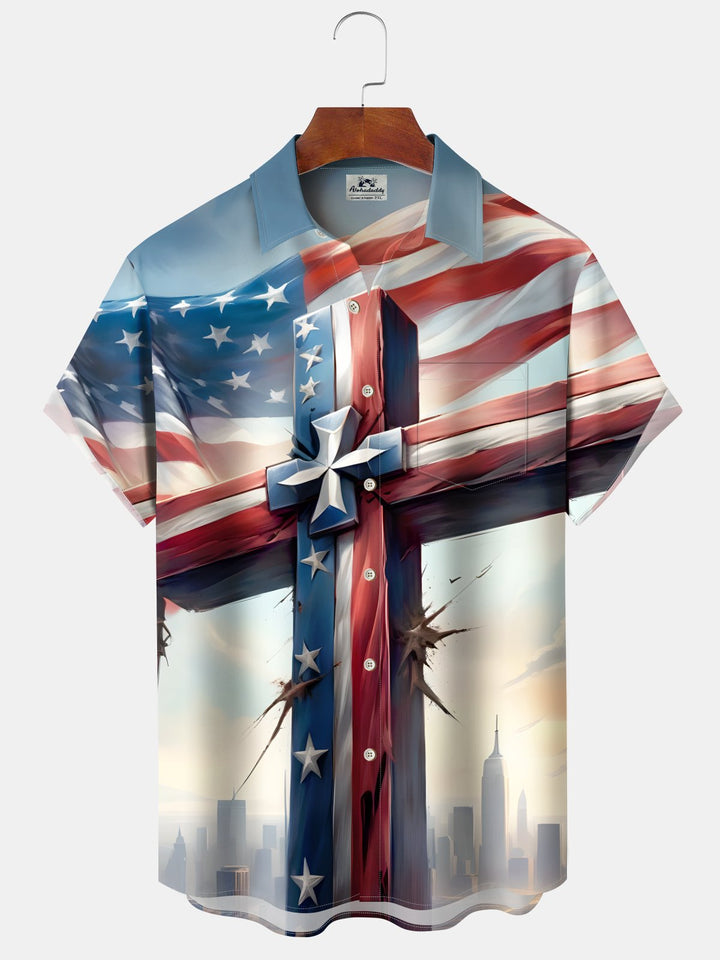 Alohadaddy Holiday Collection American Flag Cross Print Art Button Pocket Cardigan Stretch Oversized Short Sleeve Shirt