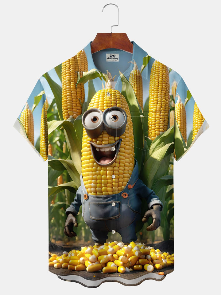 Alohadaddy Casual Everyday Corn in Overalls Print Art Polyester Stretch Button Cardigan Pockets Large Size Long Short Sleeve Shirt