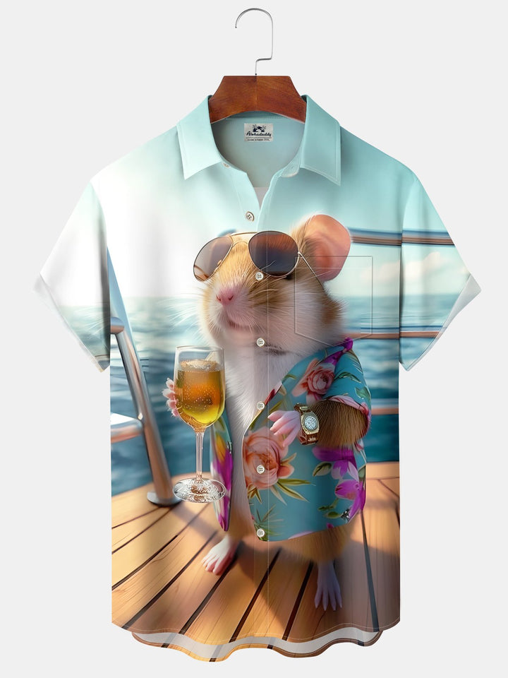 Alohadaddy Casual Daily Hamster Vacation Print Art Polyester Stretch Large Size Pocket Short Sleeve Shirt