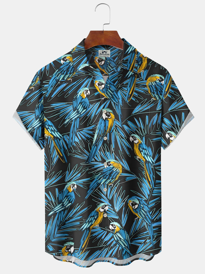 Alohadaddy® Parrot Art Print Chest Pocket Cardigan Large Size Long Hawaiian Short Sleeve Shirt