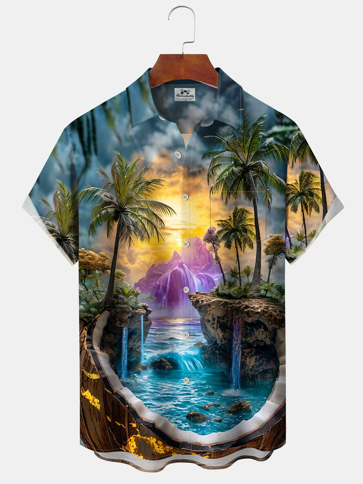 Alohadaddy® Casual Coconut Trees Beautiful Scenery Printed Art Chest Pocket Elastic Oversized Hawaiian Shirt