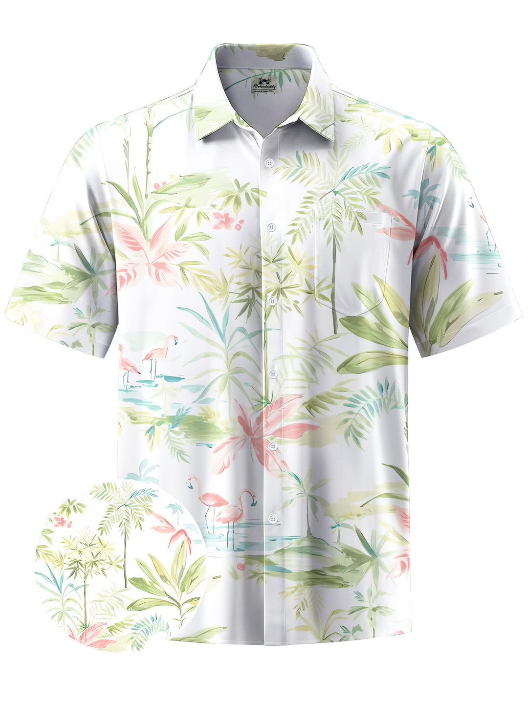 Alohadaddy® Hawaii Flamingo Coconut Tree Print Chest Pocket Men Short Sleeve Shirt Big &amp; Tall