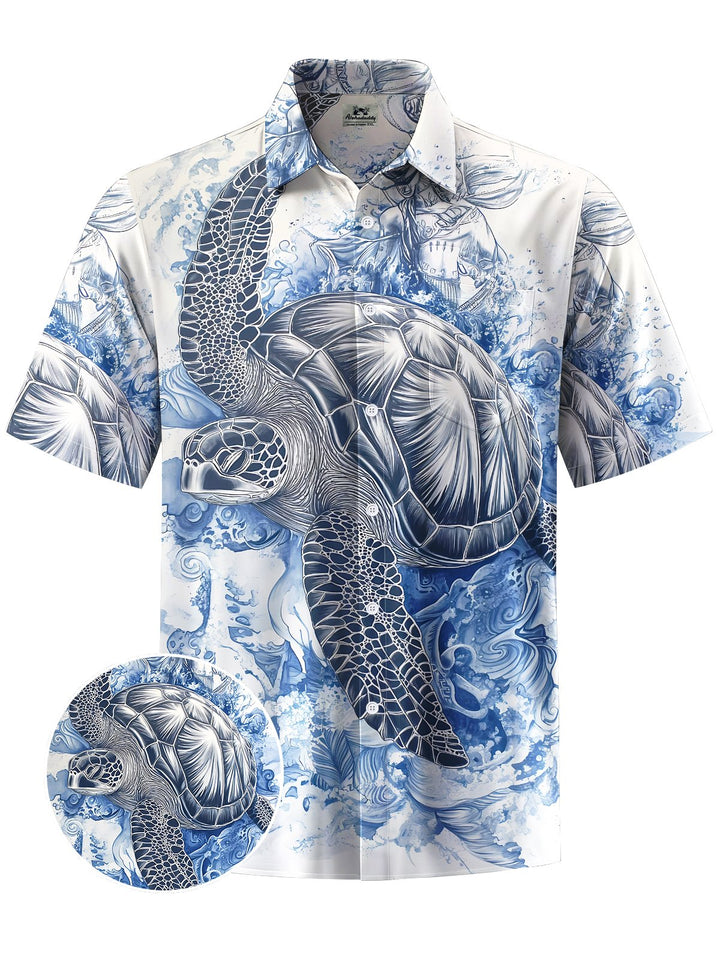Alohadaddy® Hawaiian Turtle Art Print Chest Pocket Mens Short Sleeve Shirts Big &amp; Tall
