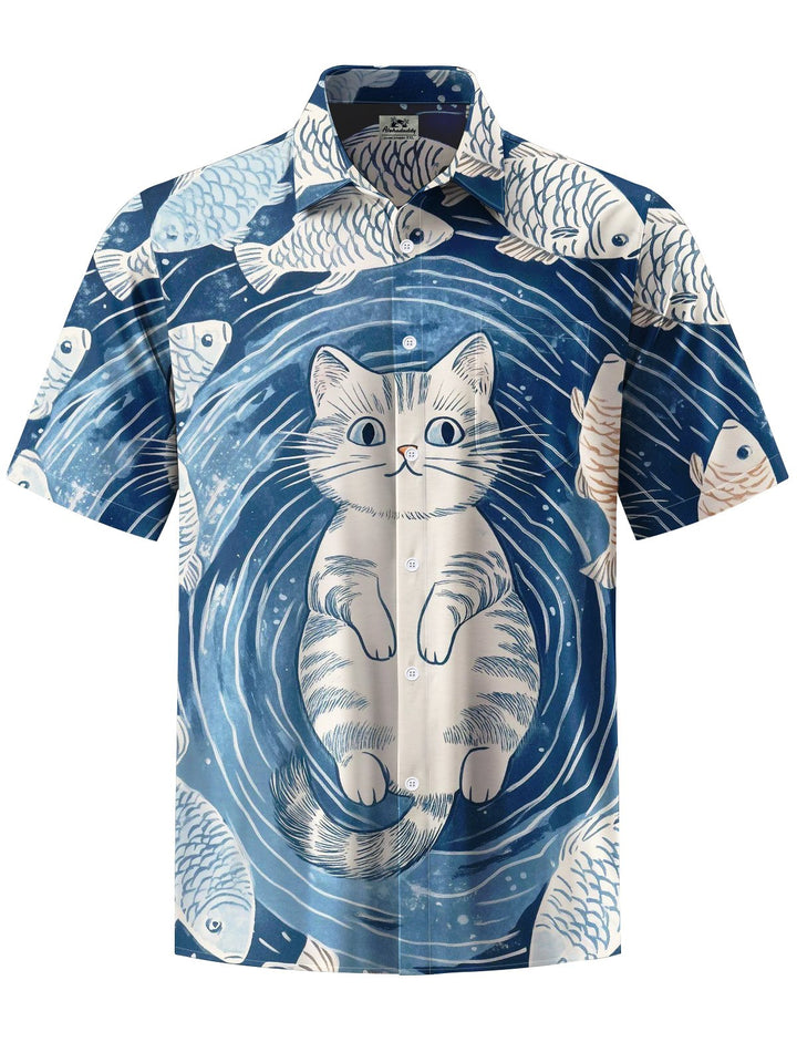 Alohadaddy® Casual Ukiyo-e Cat Print Art Chest Pocket Men Short Sleeve Shirt Big &amp; Tall