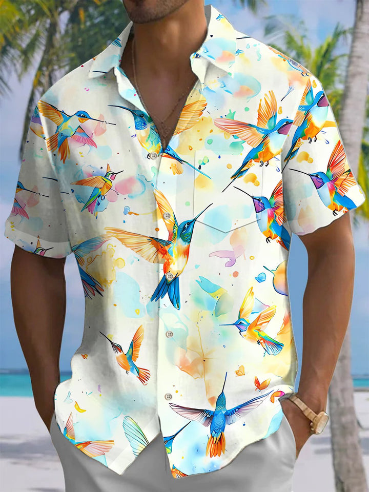 Alohadaddy® Hawaii Bird Art Print Chest Pocket Mens Short Sleeve Shirt Big &amp; Tall