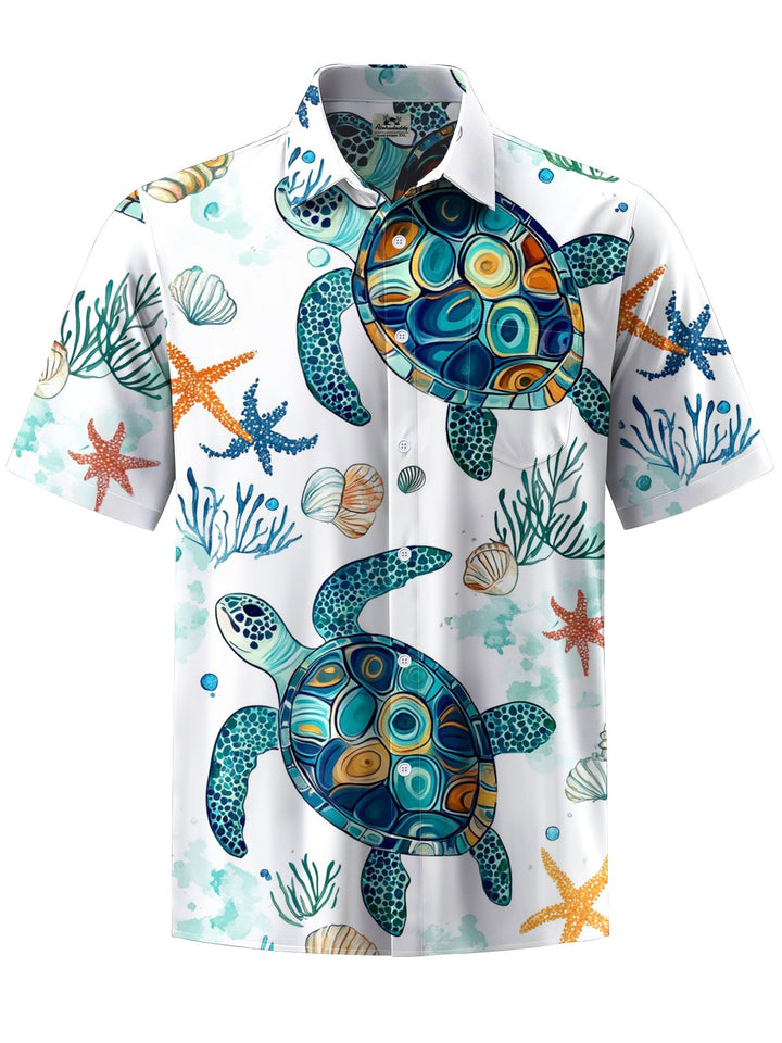 Alohadaddy® Casual Hawaiian Turtle Art Print Chest Pocket Men&