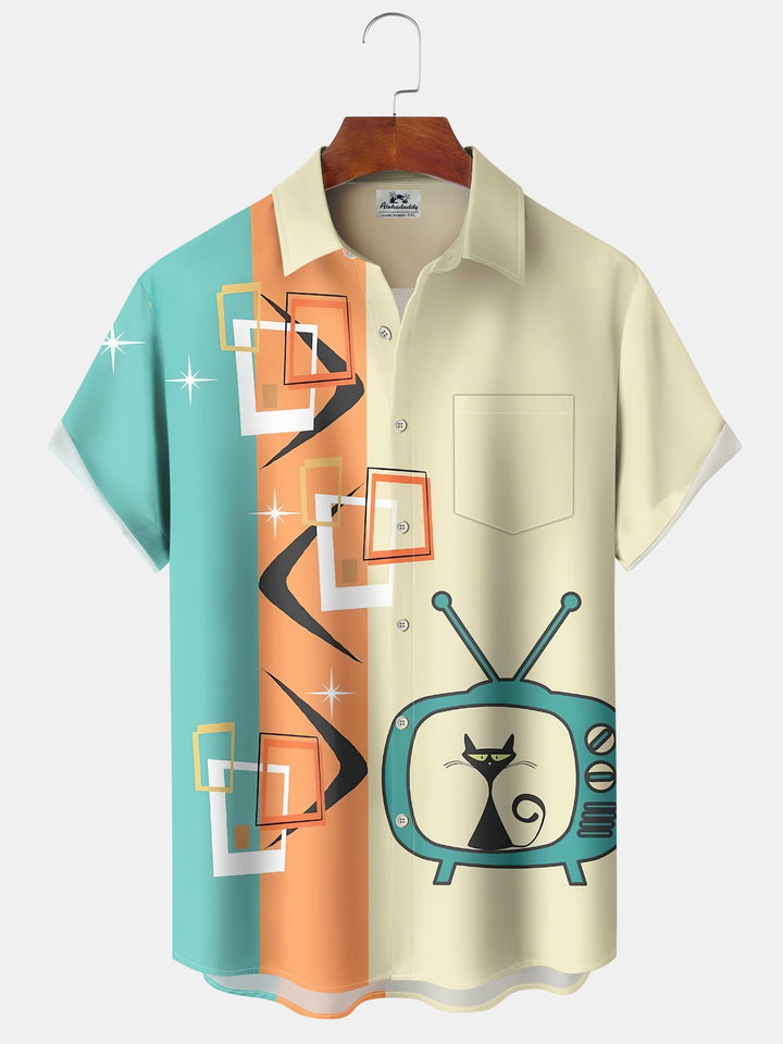 Alohadaddy® Retro Atomic Geometric Cat Print Pocket Elastic Button Men&