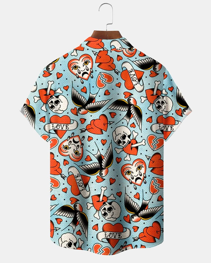 Alohadaddy® Vintage Skull &amp; Bird Art Print Art Pocket Button Stretch Men&