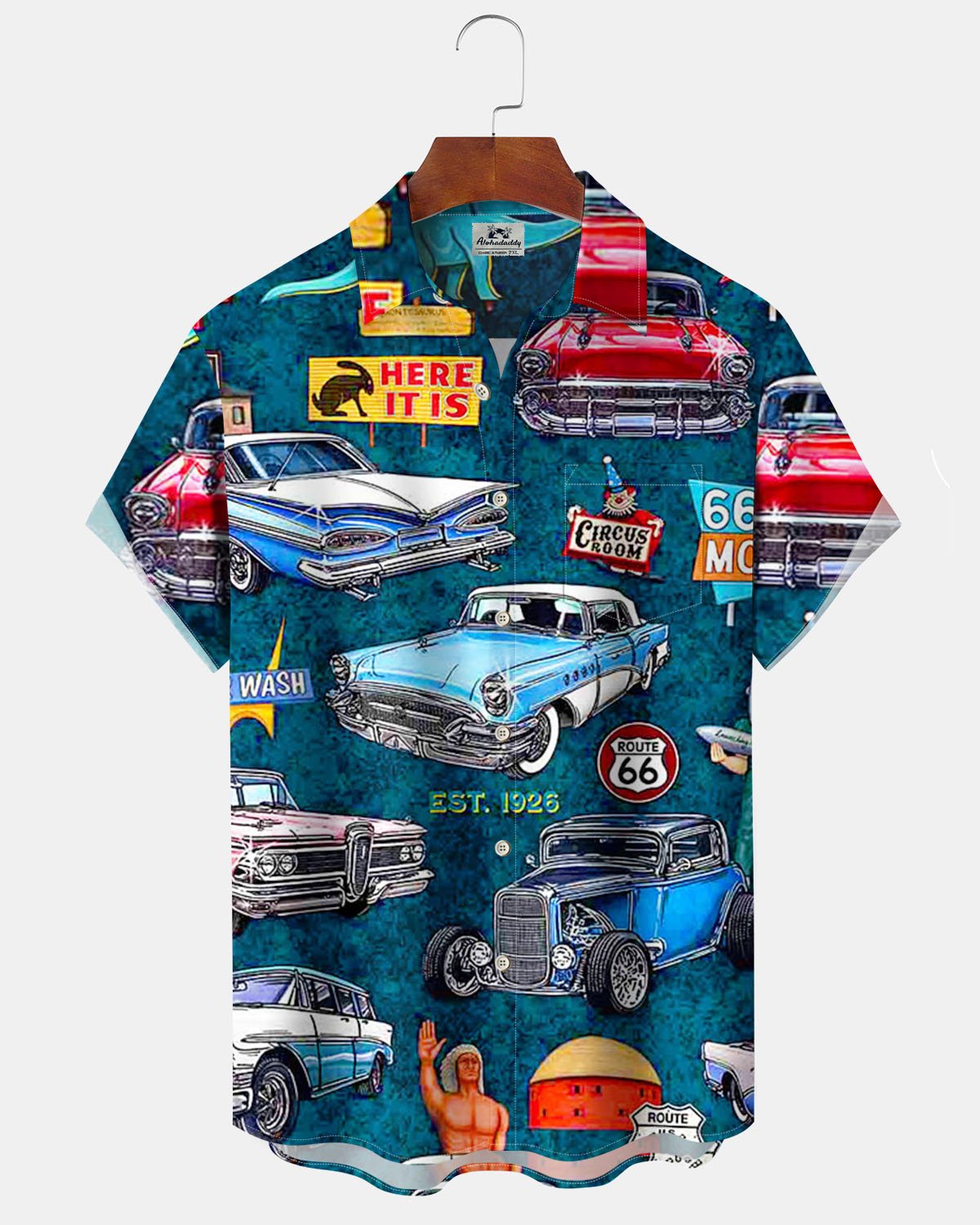Alohadaddy® Vintage Route 66 Classic Car Art Print Stretch Button Pocket Men's Short Sleeve Shirt Big & Tall