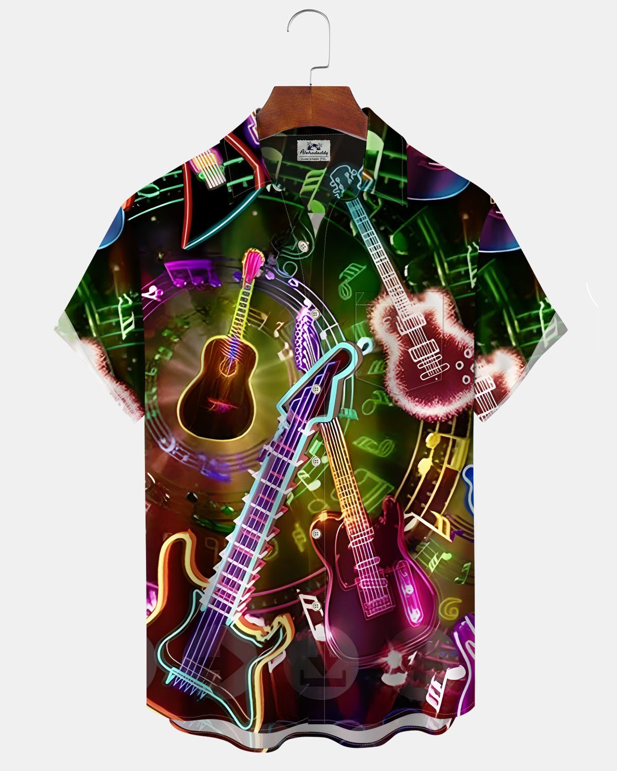Alohadaddy® Retro Guitar Rock Print Art Pocket Button Men's Short Sleeve Shirt Big & Tall