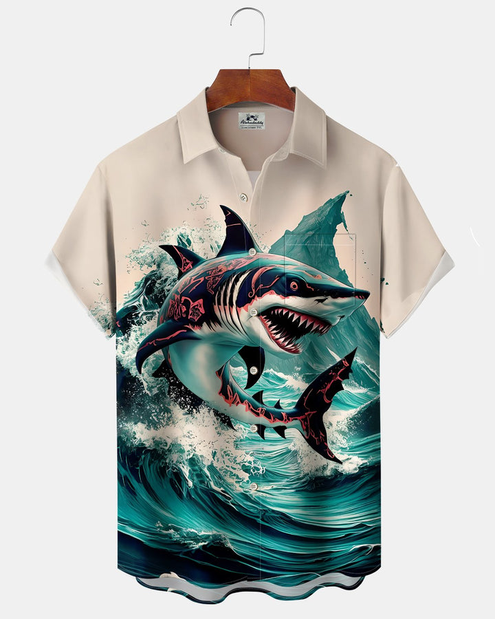 Alohadaddy® Casual Shark Print Art Button Pocket Cardigan Men&