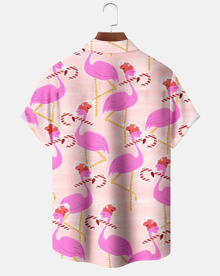Alohadaddy® Men’s Short-Sleeve Button-Down Shirt Hawaiian-Style Christmas Flamingo Print with Pocket