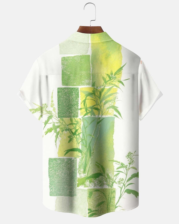 Alohadaddy® Men’s Short-Sleeve Button-Down Shirt  Green Bamboo Print, with Pocket