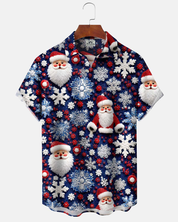 Alohadaddy® Holiday Men’s Short-Sleeve Button-Down Shirt with Santa Claus and Snowflake Print, Featuring Pockets