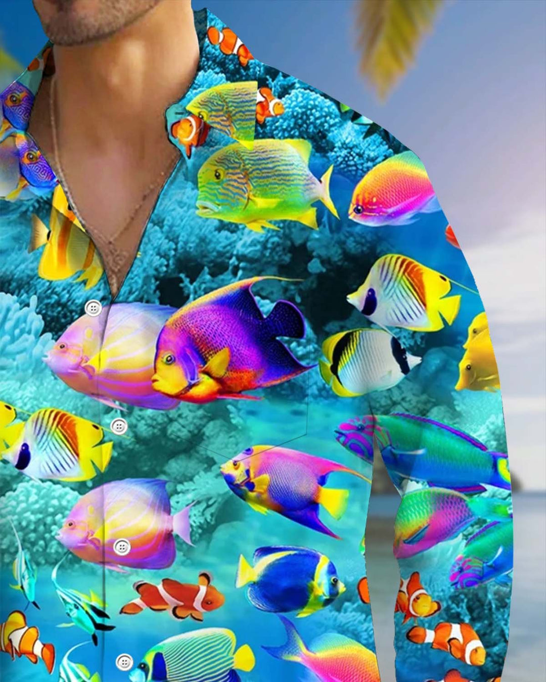 Alohadaddy® Men’s Long-Sleeve Button-Down Shirt with Pocket  Hawaiian Fish Print