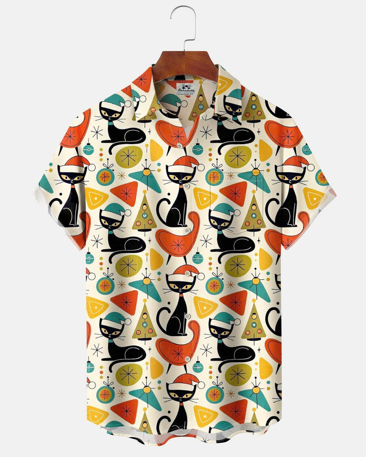 Alohadaddy® Vintage-Style Men’s Short-Sleeve Button-Down Shirt with Christmas Black Cat Print and Pocket