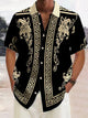 Alohadaddy Retro Geometric Gold Floral Print Men's Button Pocket Short Sleeve Shirt