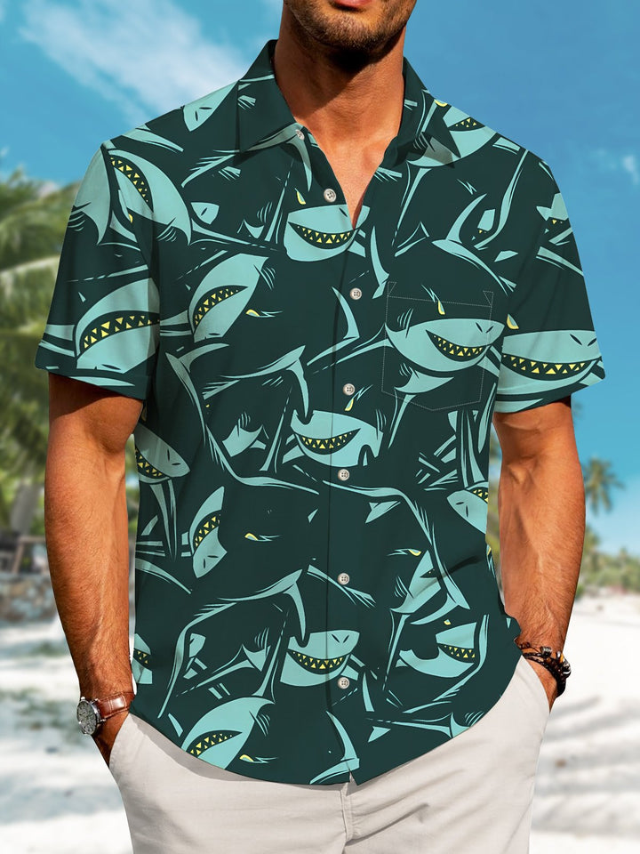 Alohadaddy Hawaii Ocean Shark Print Art Pockets Buttons Stretch Oversized Shirt