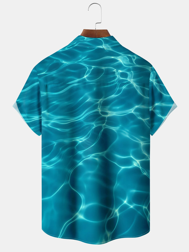 Alohadaddy Hawaiian Sea Water Print Art Pockets Buttons Stretch Large Size Shirt