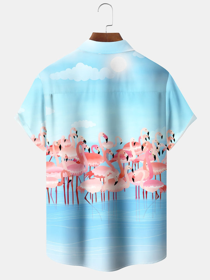 Alohadaddy Casual Hawaiian Flamingo Button Cardigan Pockets Stretch Oversized Short Sleeve Shirt