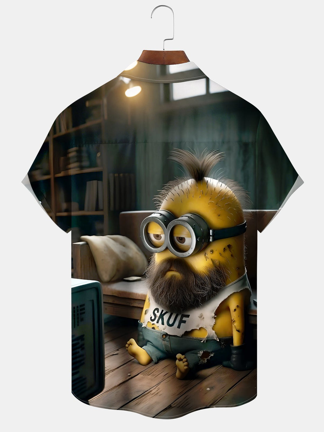 Alohadaddy Hawaiian Casual Minions Print Art Pocket Button Cardigan Stretch Large Size Short Sleeve Shirt