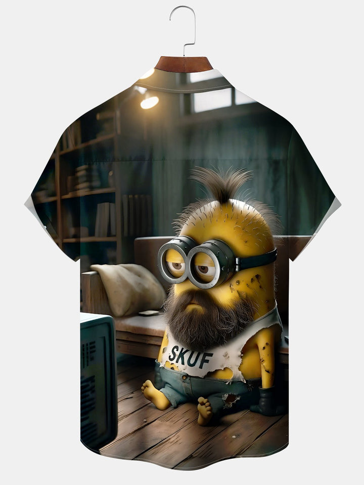 Alohadaddy Hawaiian Casual Minions Print Art Pocket Button Cardigan Stretch Large Size Short Sleeve Shirt