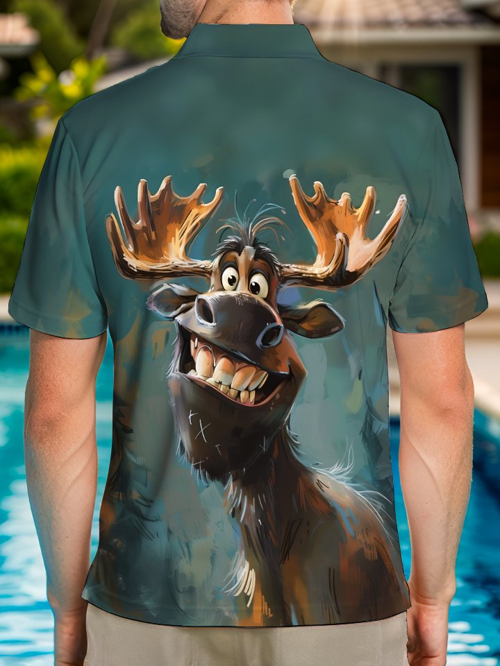 Alohadaddy Retro Series Elk Inkjet Button Pocket Elastic Large Size Short Sleeve Polo Shirt