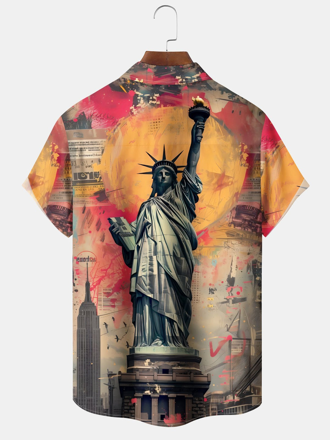 Alohadaddy Retro Casual Statue of Liberty Print Art Buttons Pockets Elastic Large Size Short Sleeve Shirt