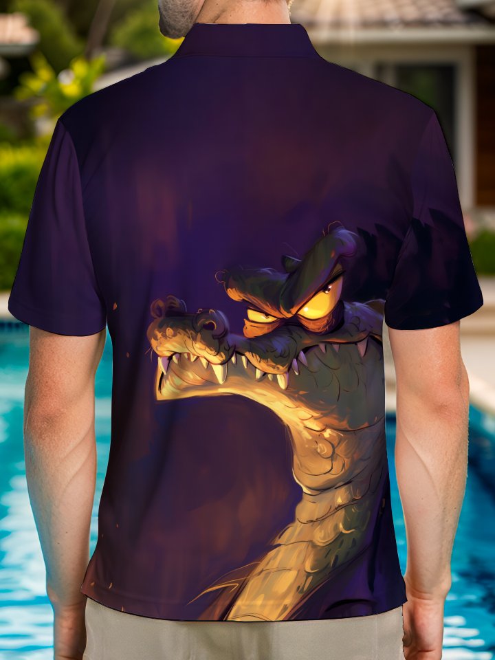 Alohadaddy Casual Crocodile Print Art Buttons Pockets Stretch Large Size Polyester Short Sleeve Polo Shirt