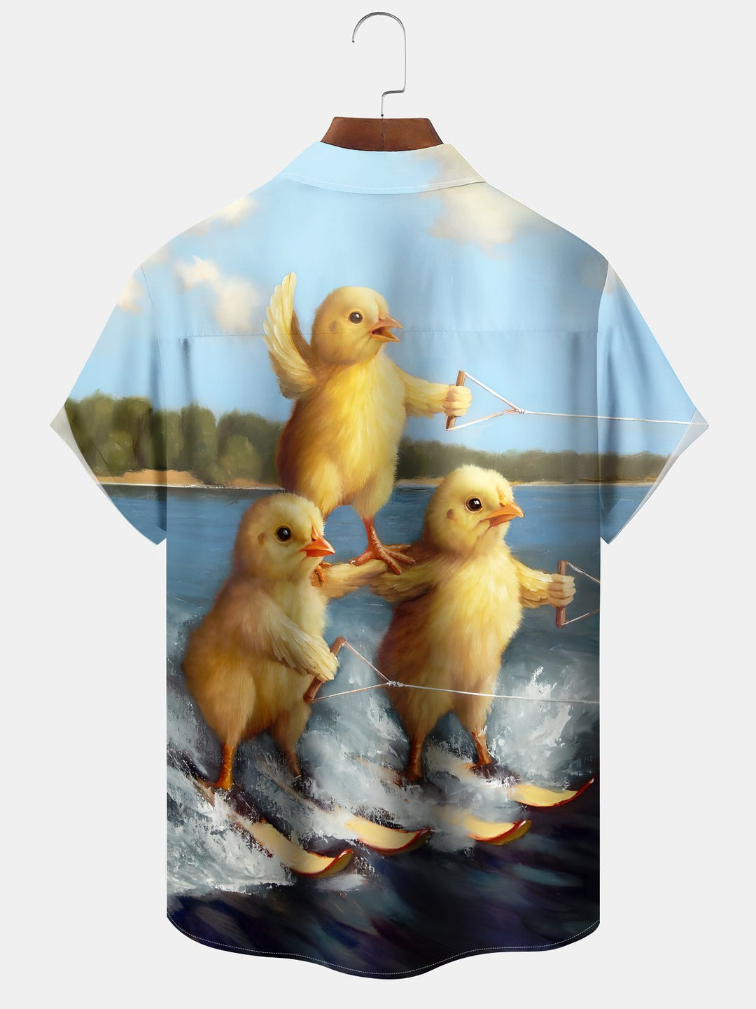 Alohadaddy Hawaiian Little Yellow Chicken Surfing Art Button Cardigan Pocket Elastic Large Size Long Short Sleeve Shirt