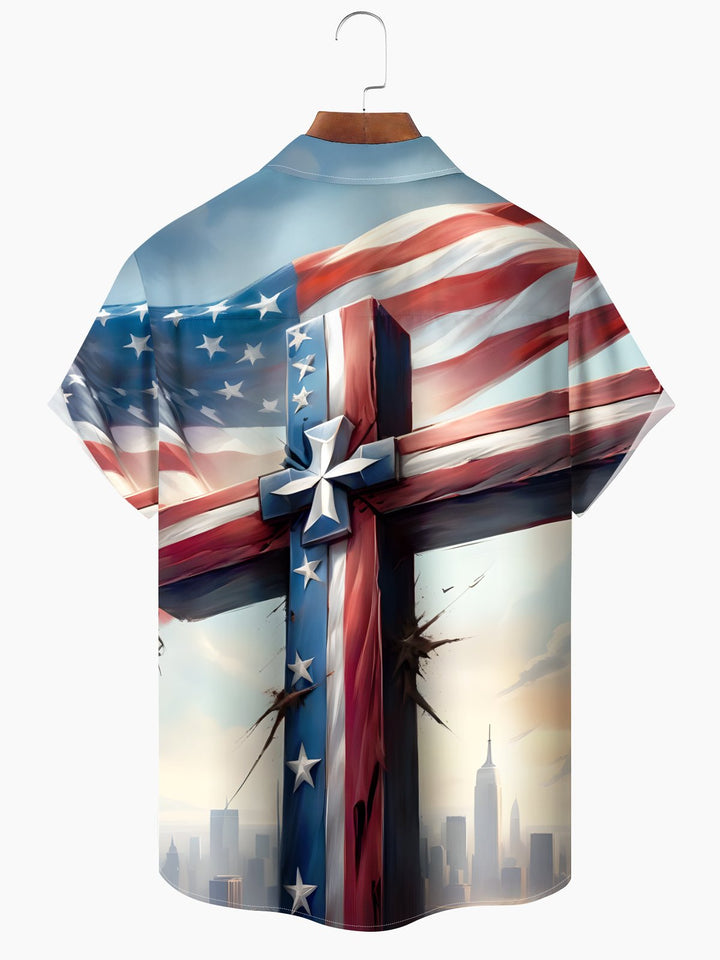 Alohadaddy Holiday Collection American Flag Cross Print Art Button Pocket Cardigan Stretch Oversized Short Sleeve Shirt