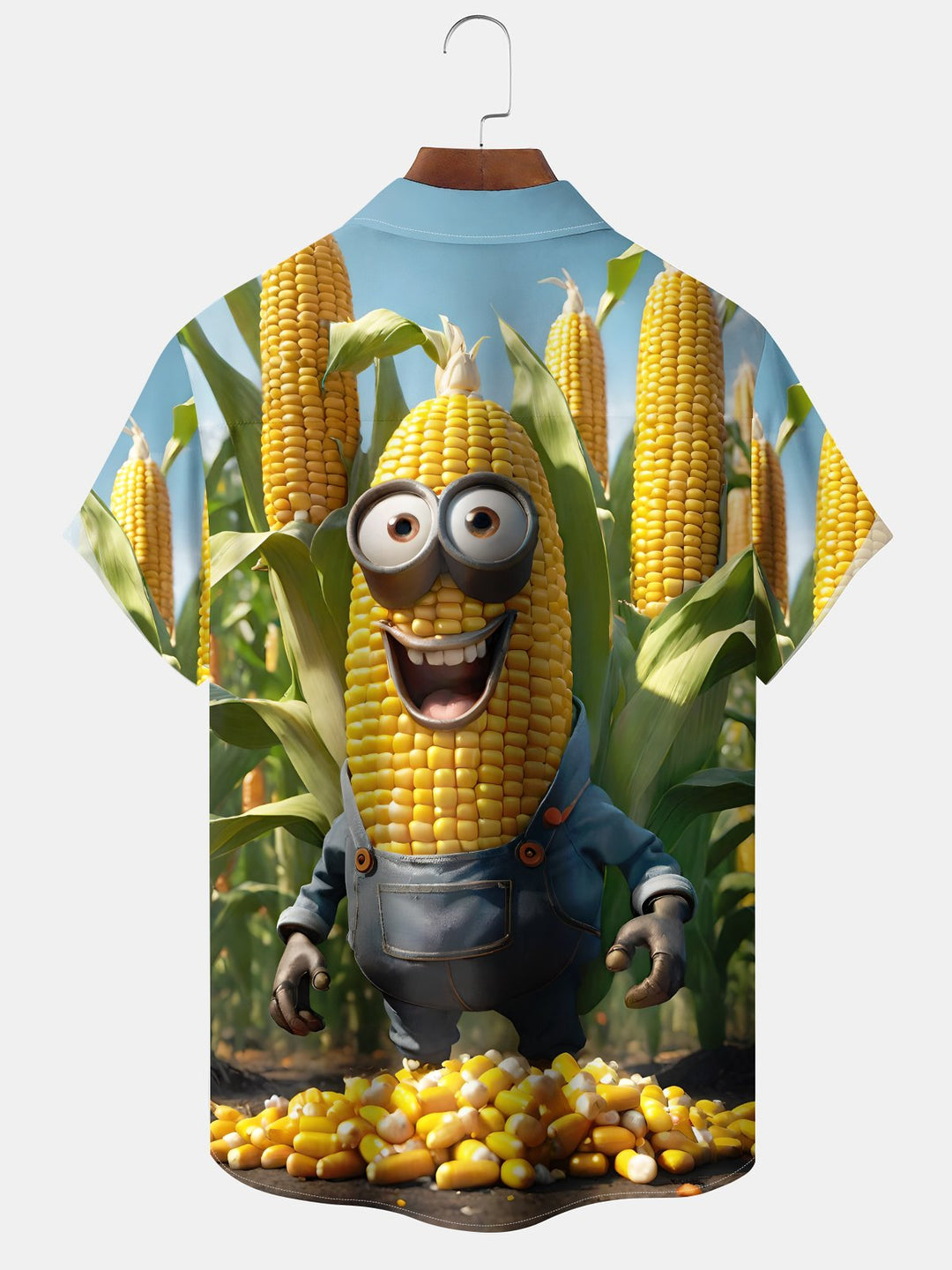 Alohadaddy Casual Everyday Corn in Overalls Print Art Polyester Stretch Button Cardigan Pockets Large Size Long Short Sleeve Shirt