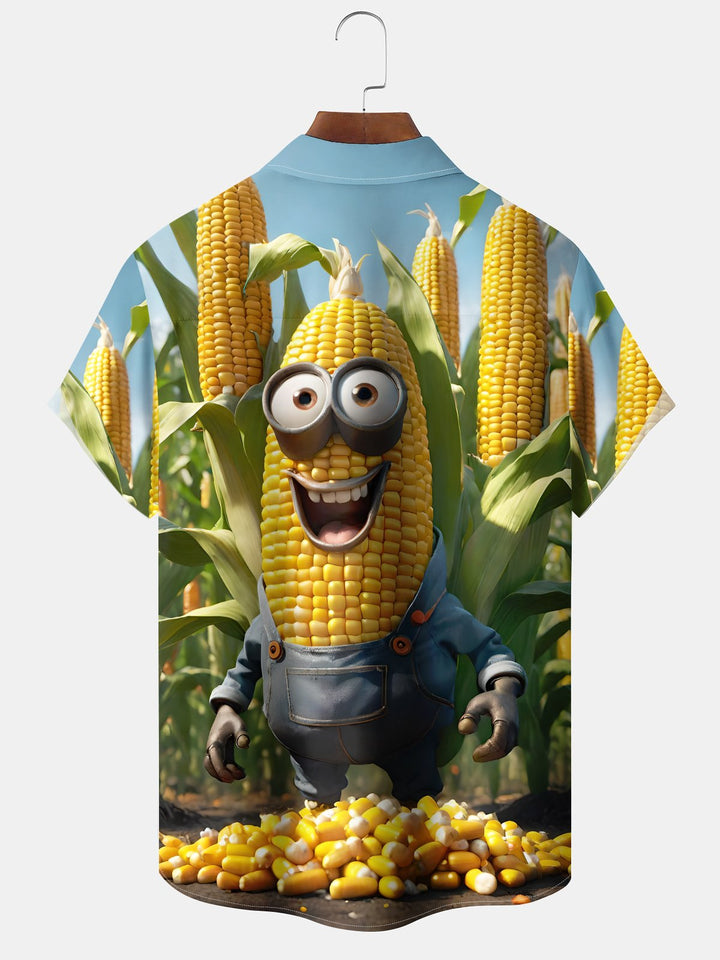 Alohadaddy Casual Everyday Corn in Overalls Print Art Polyester Stretch Button Cardigan Pockets Large Size Long Short Sleeve Shirt