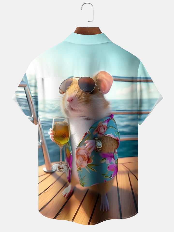 Alohadaddy Casual Daily Hamster Vacation Print Art Polyester Stretch Large Size Pocket Short Sleeve Shirt