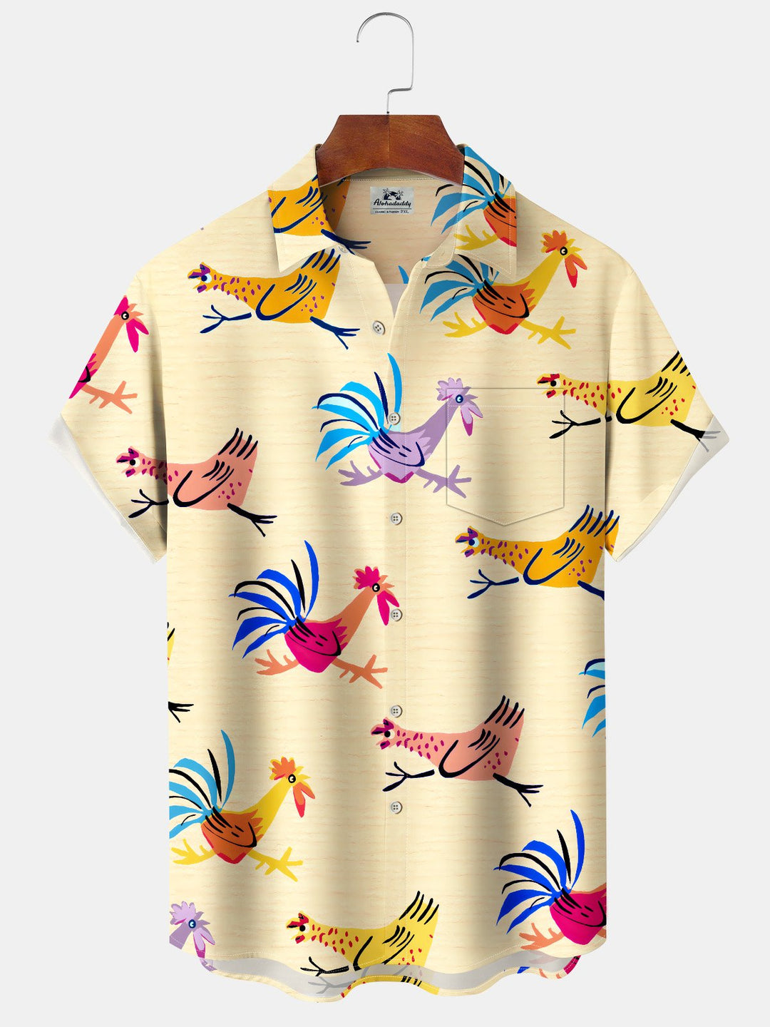 Alohadaddy Casual Collection Moisture-wicking Rooster Print Chest Pocket Stretch Oversized Hawaiian Short Sleeve Shirt