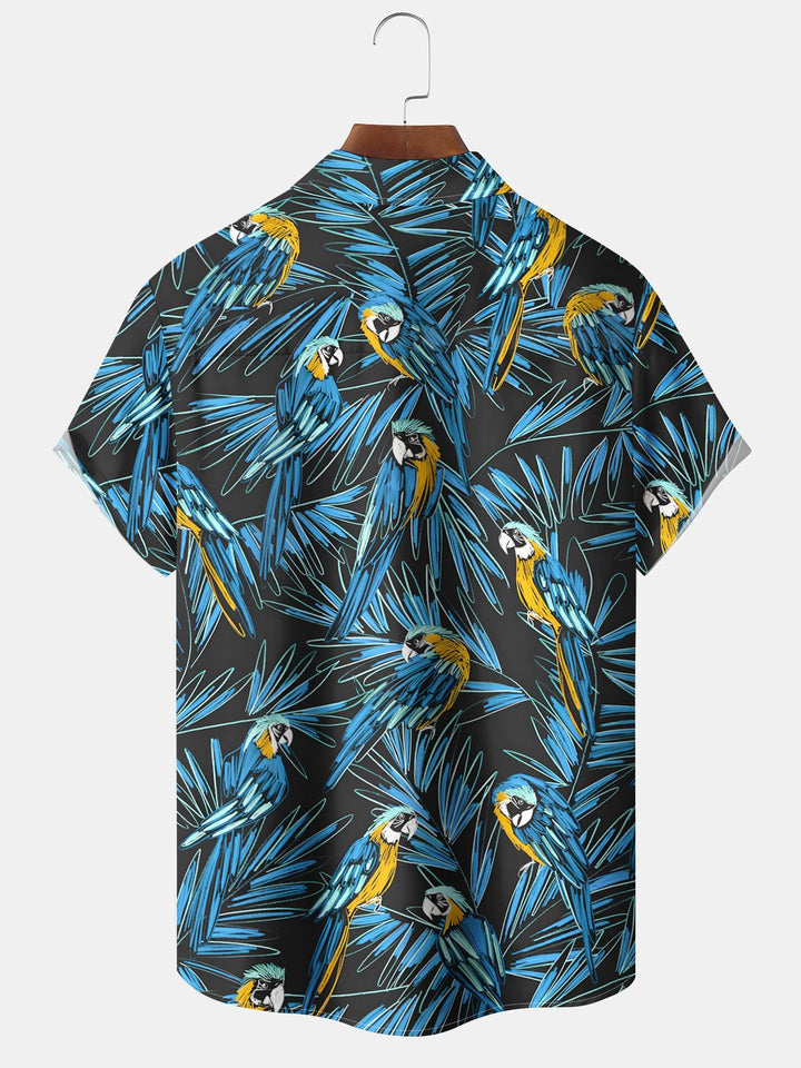 Alohadaddy® Parrot Art Print Chest Pocket Cardigan Large Size Long Hawaiian Short Sleeve Shirt