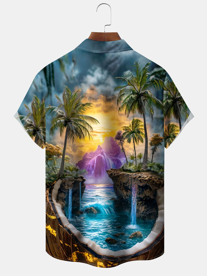 Alohadaddy® Casual Coconut Trees Beautiful Scenery Printed Art Chest Pocket Elastic Oversized Hawaiian Shirt