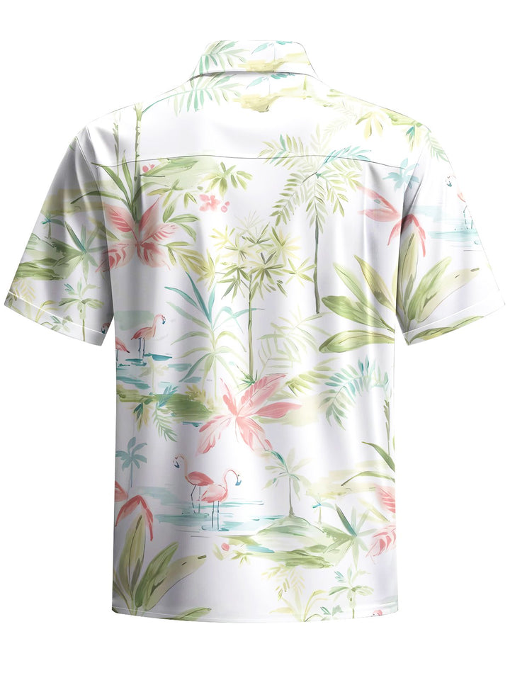 Alohadaddy® Hawaii Flamingo Coconut Tree Print Chest Pocket Men Short Sleeve Shirt Big &amp; Tall