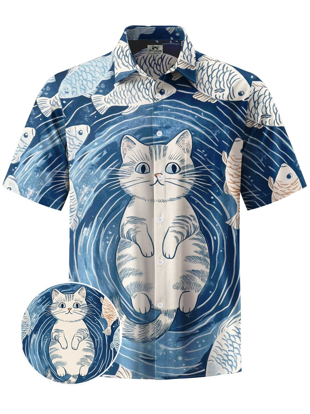 Alohadaddy® Casual Ukiyo-e Cat Print Art Chest Pocket Men Short Sleeve Shirt Big &amp; Tall