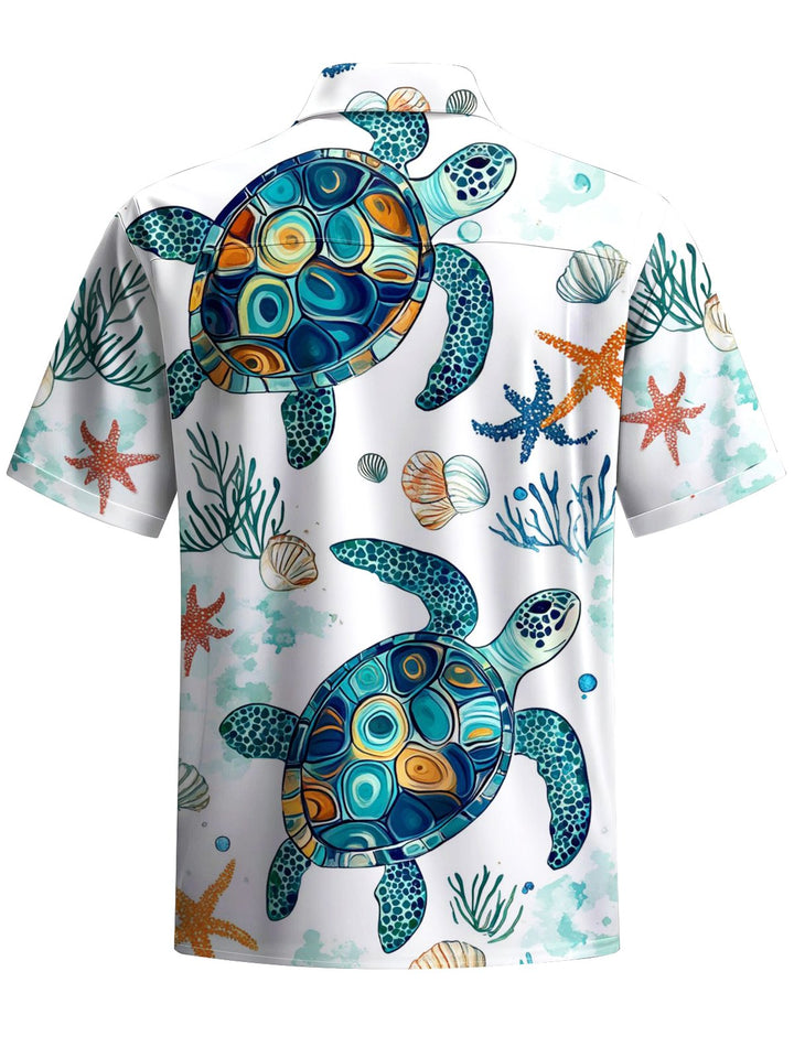 Alohadaddy® Casual Hawaiian Turtle Art Print Chest Pocket Men&